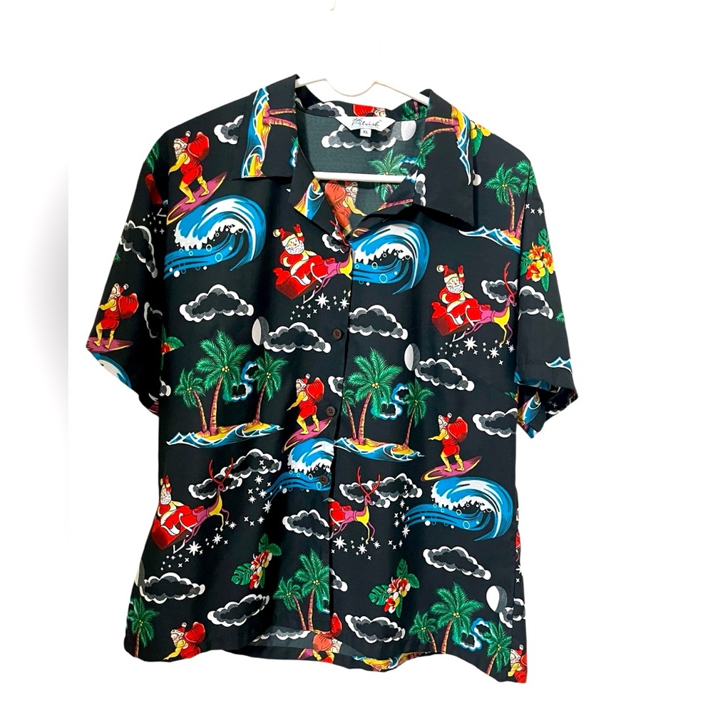 ❤️ Alvish Surfing Santa, Hawaiian Holiday Button Down Shirt.
